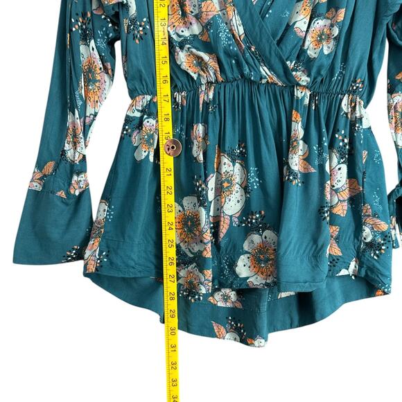 Free People Teal Tuscan Dreams Floral Print V Neck Wrap Long Sleeve Blouse XS - Picture 5 of 6